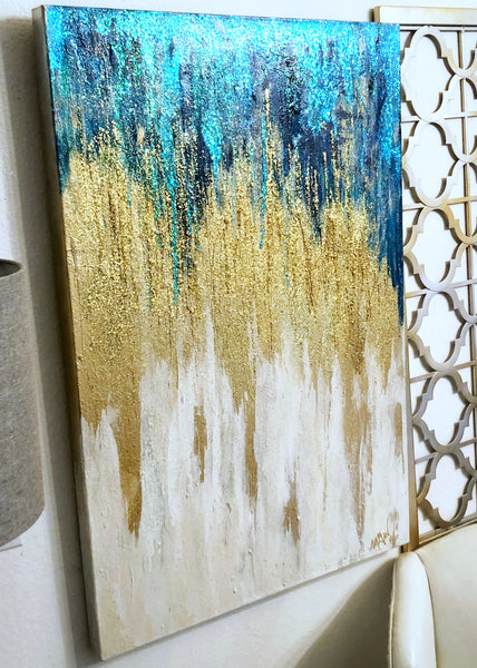 ORIGINAL- Painting Gold, Teal, Blue & White Bling